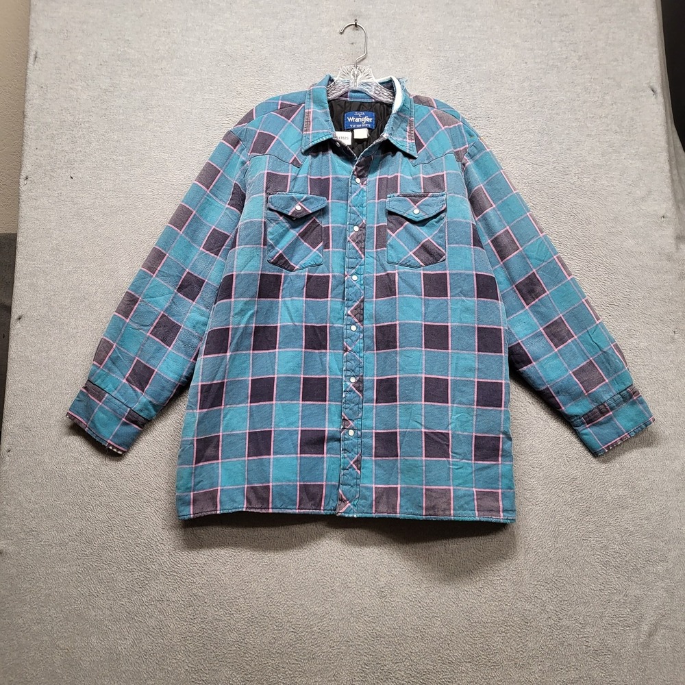 Wrangler Men Jacket Shacket XL Teal Check Flannel Western Pearl Snap READ